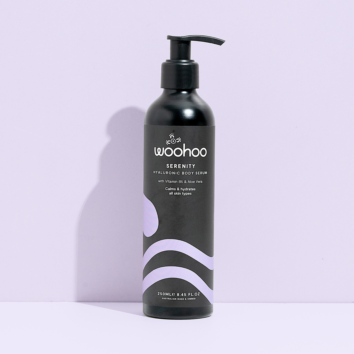 Serenity Hyaluronic Body Serum, 250ml recyclable aluminium pump bottle - lightweight, fragrance-free whole-body hydration.